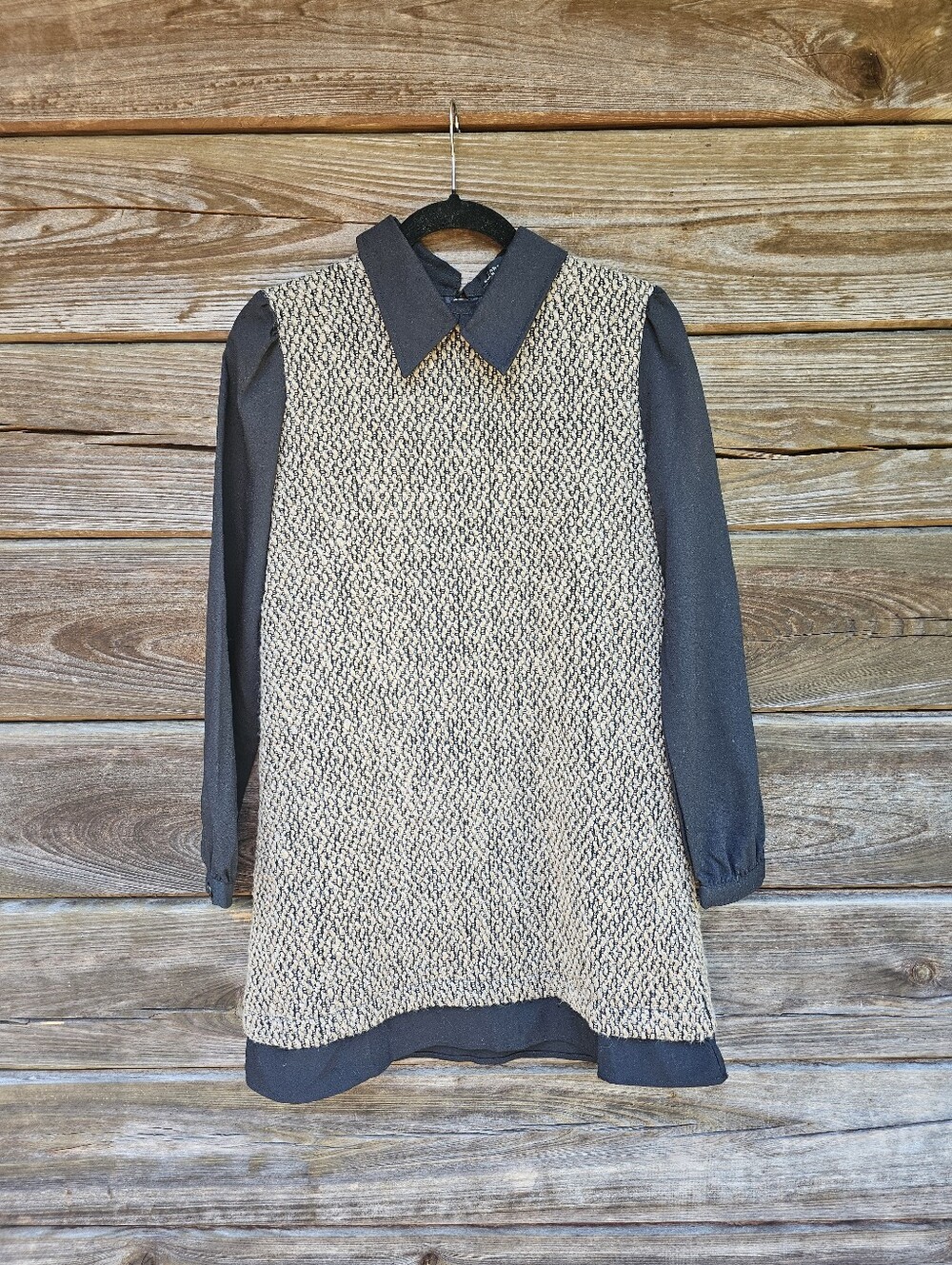 Zara Woman Large Textured Tweed Shift Dress Black Beige Collared Long Sleeve